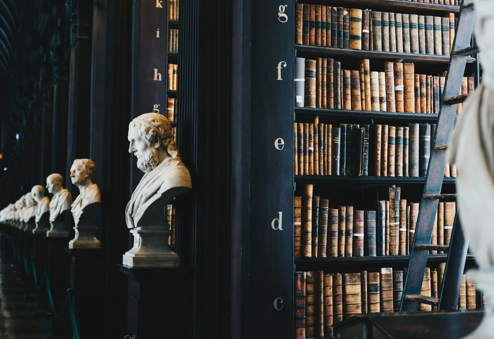 Law books on dark library shelves