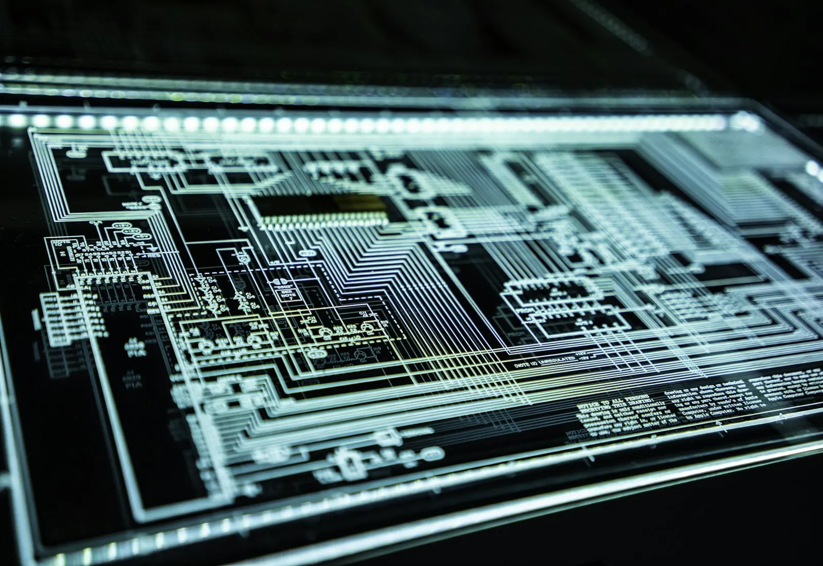 A close view of a glowing circuit board