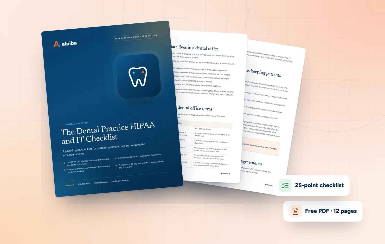 Cover and two sample pages of The Dental Practice HIPAA and IT Checklist, a free 12-page PDF guide from Alpiba with a 25-point checklist