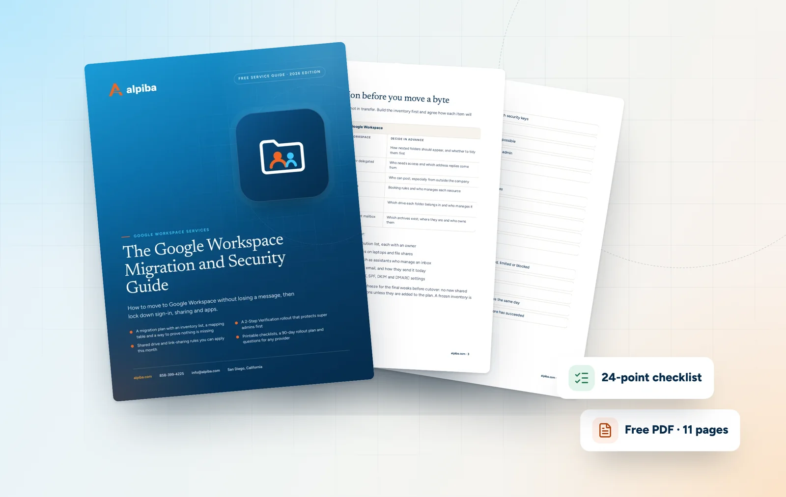 Cover and two sample pages of The Google Workspace Migration and Security Guide, a free 11-page PDF guide from Alpiba with a 24-point checklist