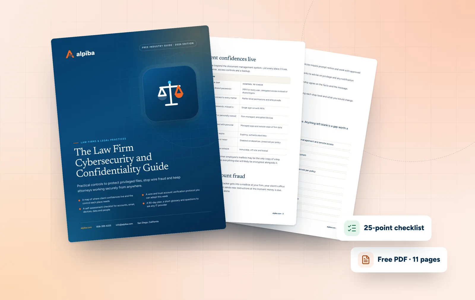 Cover and two sample pages of The Law Firm Cybersecurity and Confidentiality Guide, a free 11-page PDF guide from Alpiba with a 25-point checklist