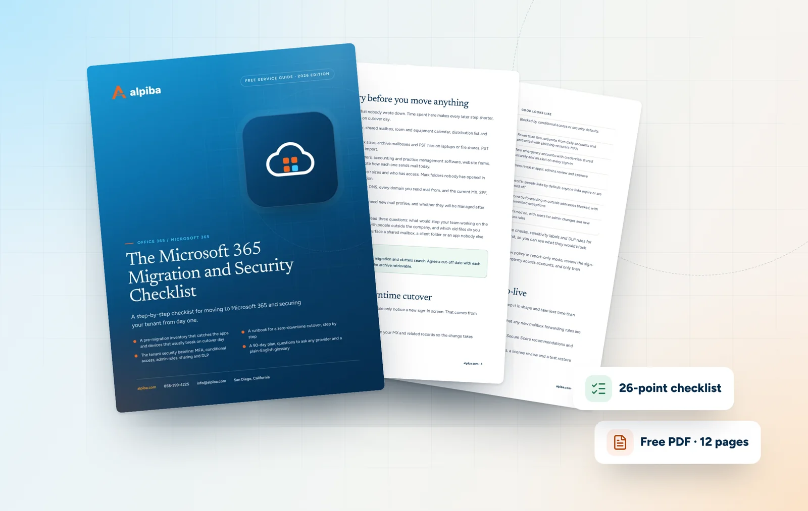 Cover and two sample pages of The Microsoft 365 Migration and Security Checklist, a free 12-page PDF guide from Alpiba with a 26-point checklist