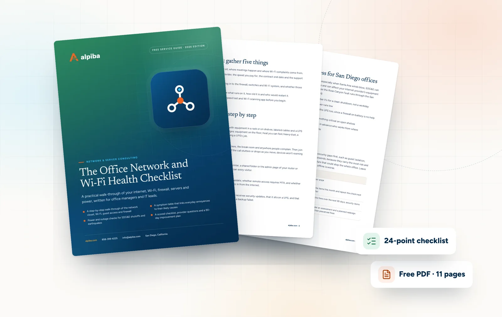 Cover and two sample pages of The Office Network and Wi-Fi Health Checklist, a free 11-page PDF guide from Alpiba with a 24-point checklist