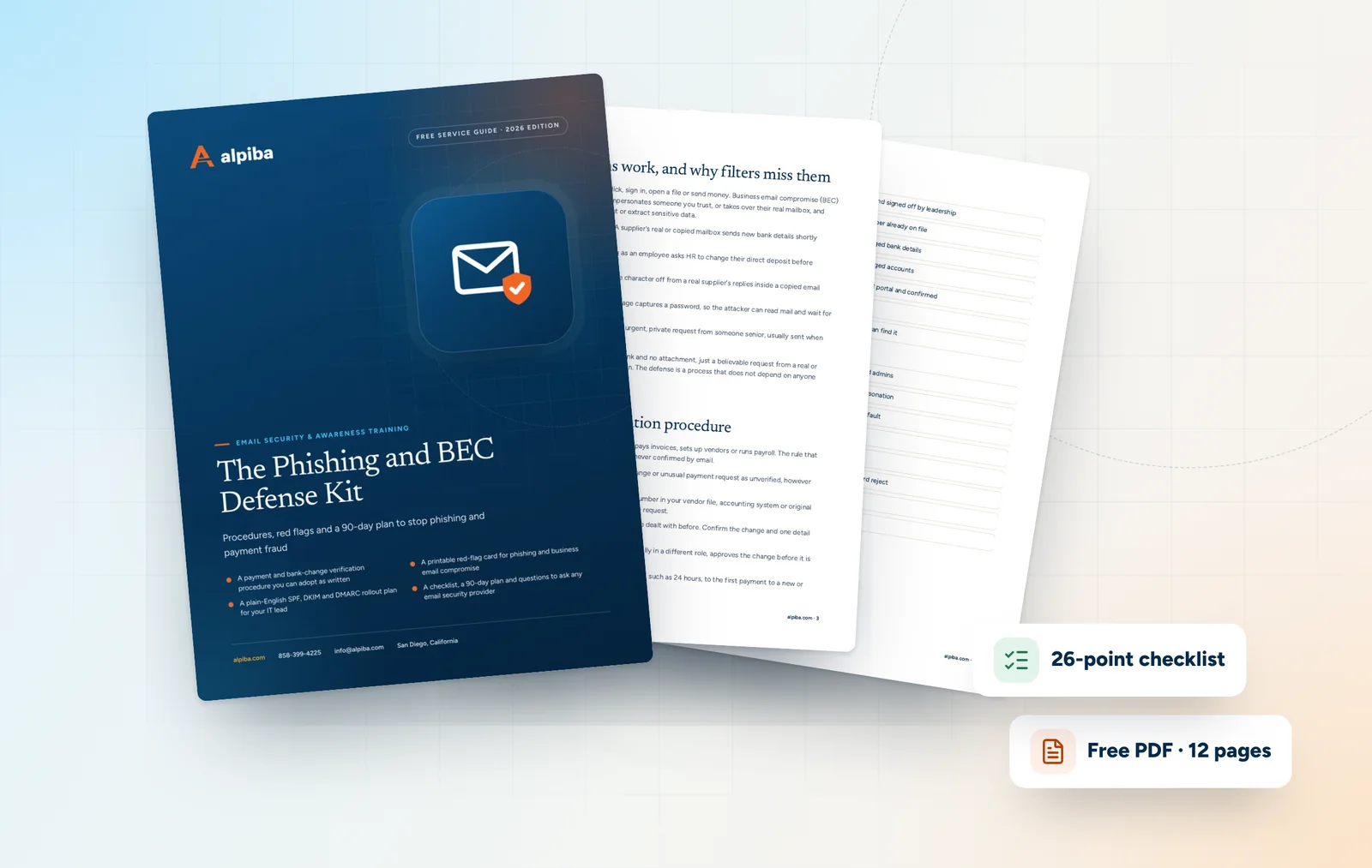 Cover and two sample pages of The Phishing and BEC Defense Kit, a free 12-page PDF guide from Alpiba with a 26-point checklist