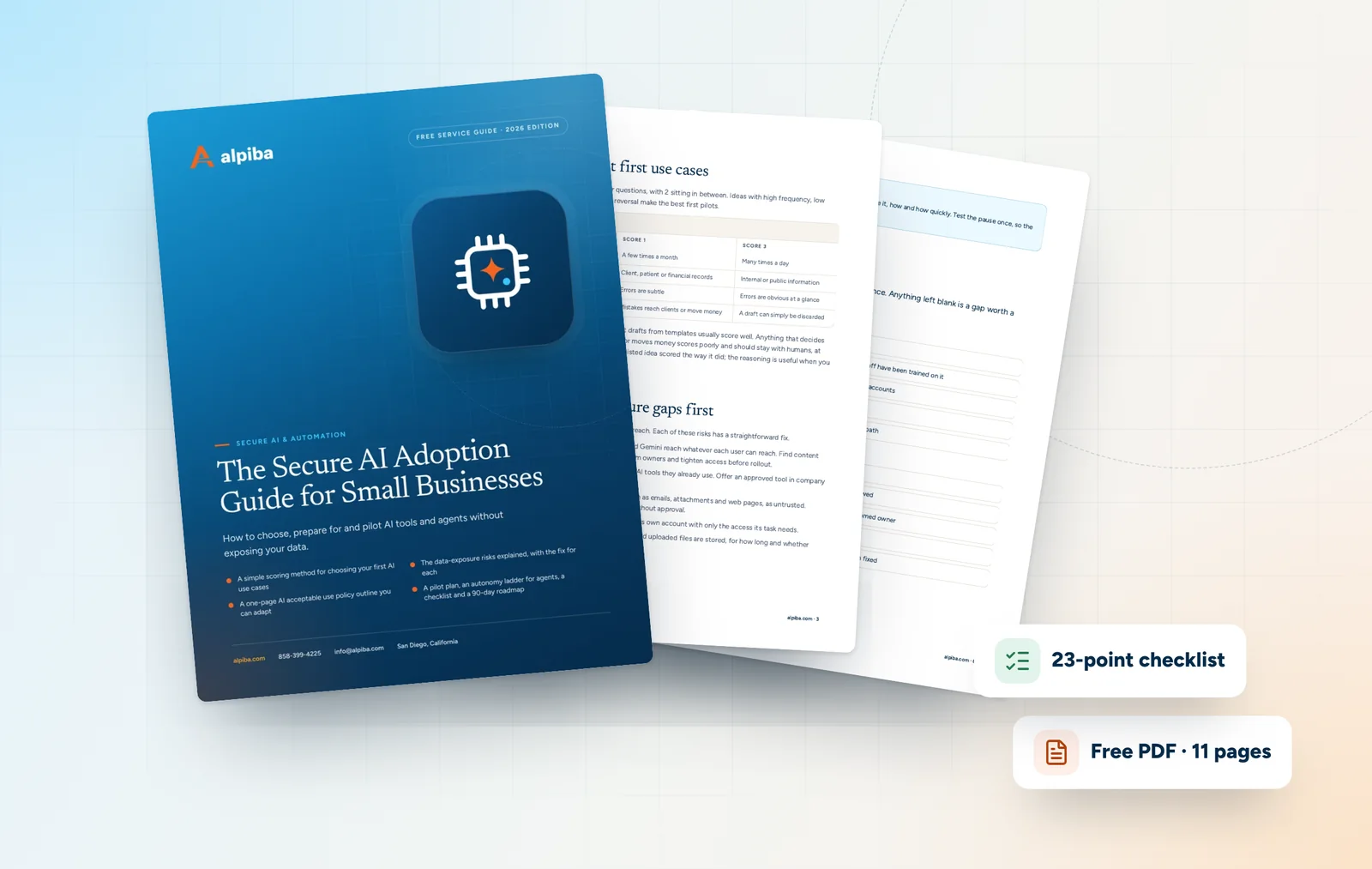 Cover and two sample pages of The Secure AI Adoption Guide for Small Businesses, a free 11-page PDF guide from Alpiba with a 23-point checklist