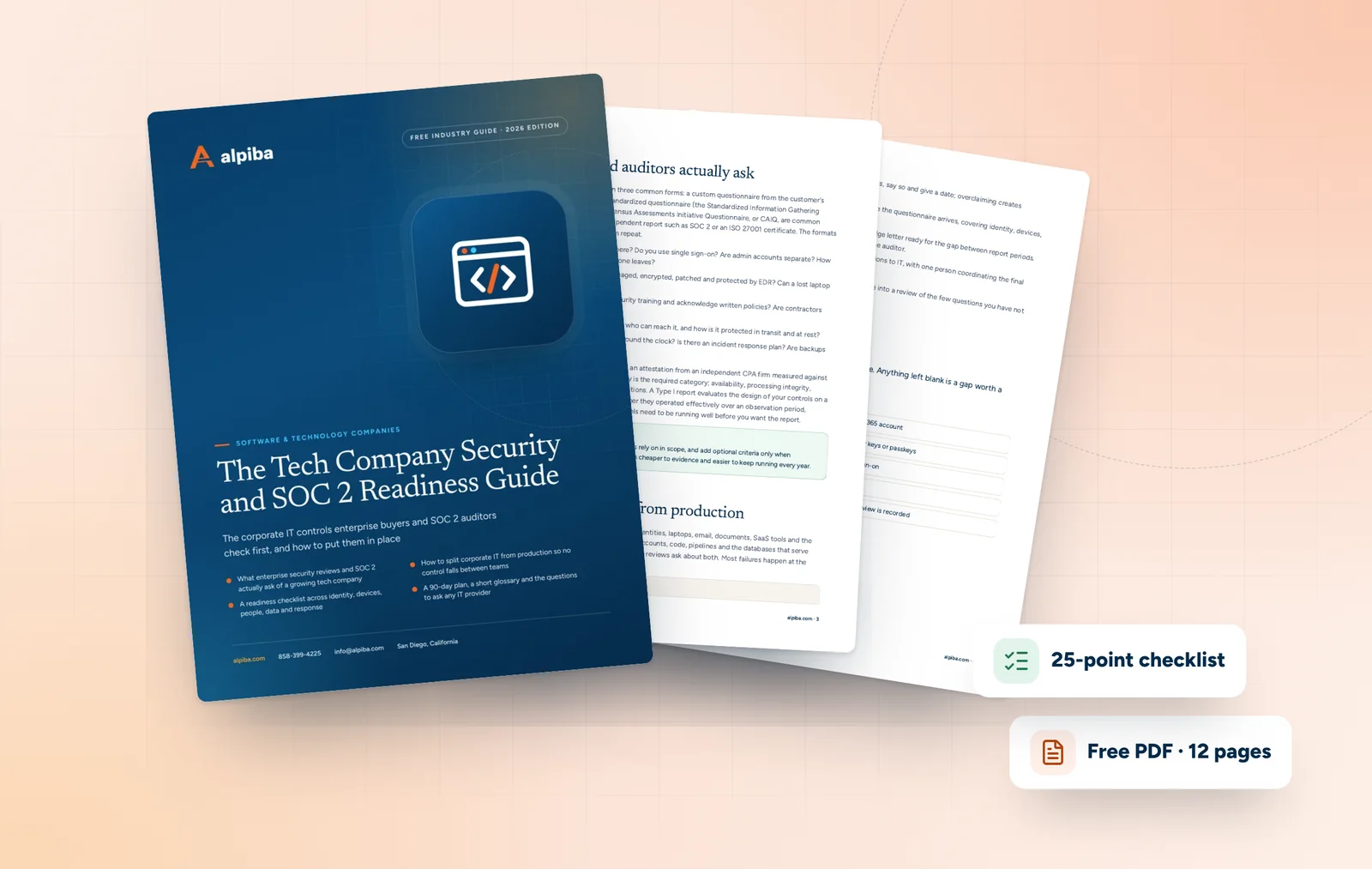 Cover and two sample pages of The Tech Company Security and SOC 2 Readiness Guide, a free 12-page PDF guide from Alpiba with a 25-point checklist
