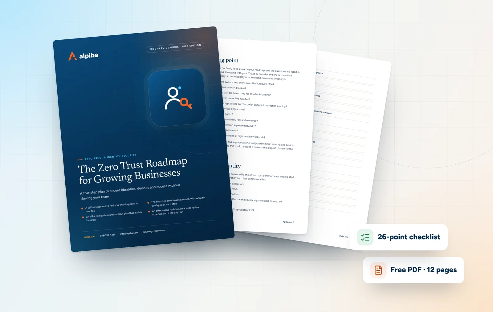 Cover and two sample pages of The Zero Trust Roadmap for Growing Businesses, a free 12-page PDF guide from Alpiba with a 26-point checklist