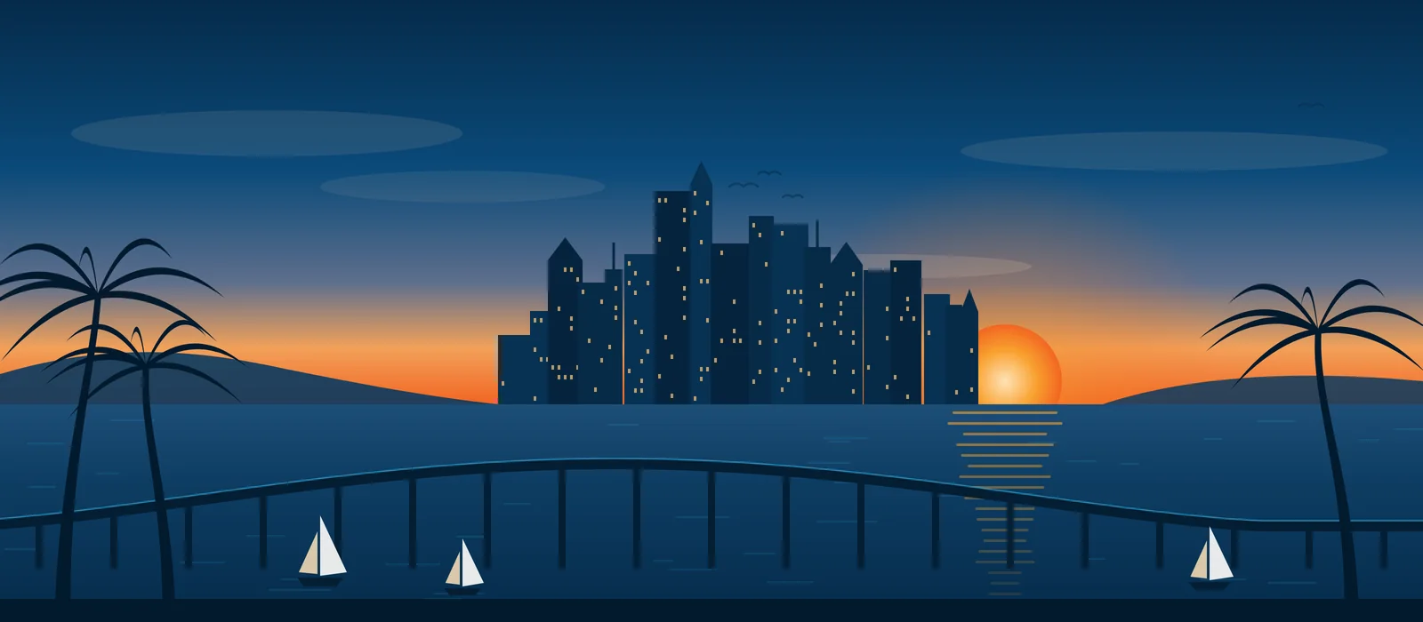 Illustration of the San Diego skyline at sunset, with downtown towers, the bridge across the bay, sailboats and palm trees