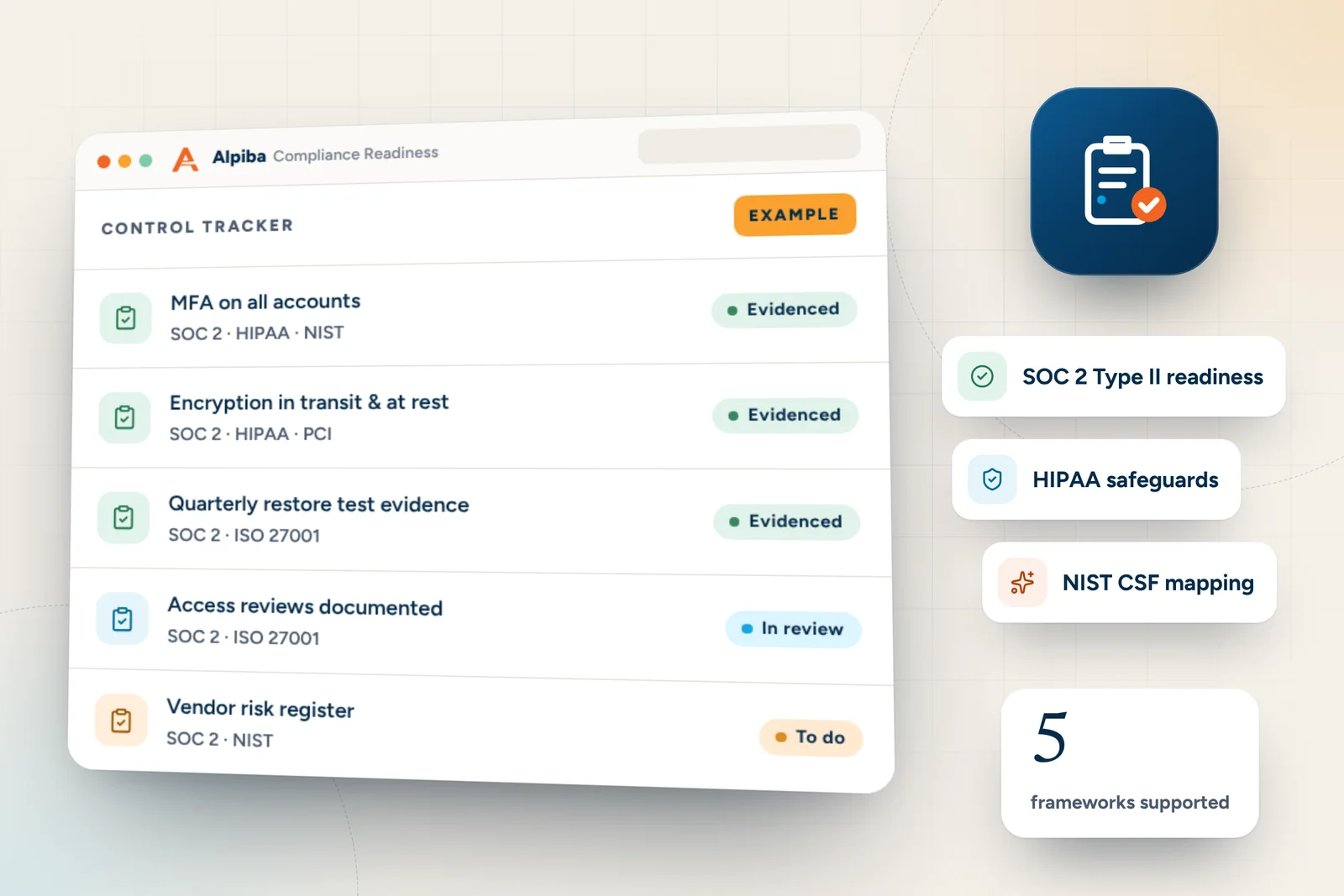 Example control tracker from Alpiba Compliance Readiness, showing mfa on all accounts, encryption in transit & at rest and quarterly restore test evidence